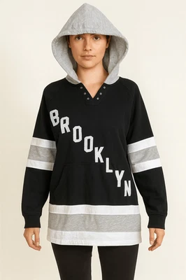 Sudadera con Capucha Brooklyn Tela Negra Blanca Gris Logo Brooklyn Cuello en V Algodón M Foto 1 de 4