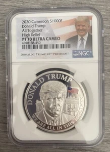 2020 Cameroon 1000F 1oz Silver Donald Trump High Relief NGC PF70 Ultra Cameo - Picture 1 of 2