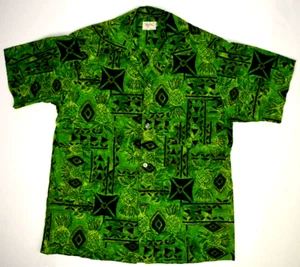 Vintage Hawaiian Shirt Moni Shirt M 60s Loop Collar Green Pineapple Batik Cobain - Picture 1 of 9