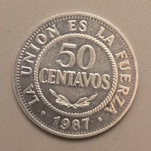 1987 Bolivia 50 Centavos Coin - Stainless Steel - National Emblem - Picture 1 of 2