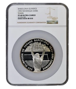 NICARAGUA 250 Cordobas 1992 5.5oz.NGC PF68 'Olympics - Tennis' Very Rare - Picture 1 of 4