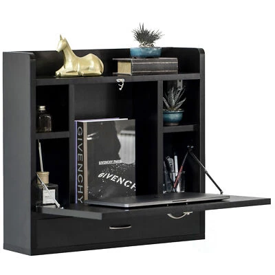 Wall Mount Folding Laptop Writing Computer or Makeup Desk with Storage Shelves - Image 1 of 4
