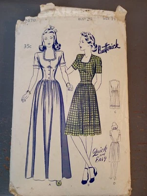 Vintage 40's Butterick 2479 Sewing Pattern Dress Drop Waist Gathered 29" Bust  - Image 1 of 3