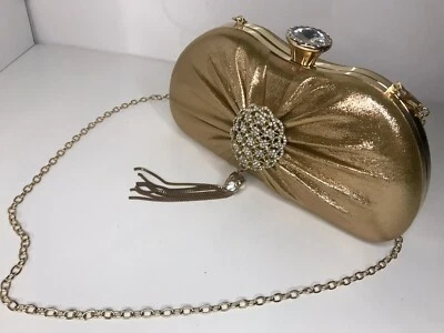 Cartera sin asas formal de noche dorada con pedrería y correa para boda graduación Foto 1 de 4