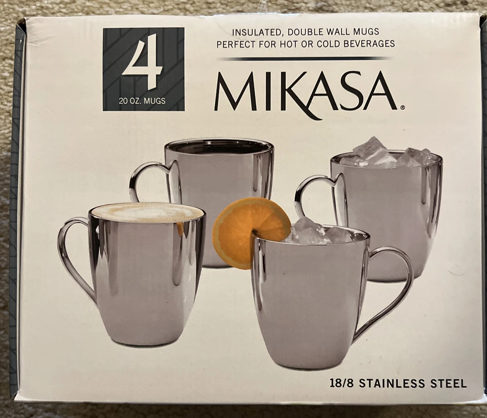 NOB Mikasa Double Walled Stainless Steel Mugs 4 Piece Dishwasher Safe