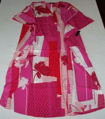 NWT Natori PINK/RED/WHITE Geo KABUKI Silky Crepe 52" ZIP CAFTAN 2X Pockets GREAT - Image 1 of 4