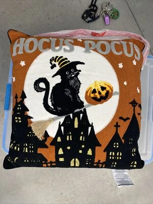 New Halloween Throw Pillow black Cat Broom Witch Hat Haunted House Embroidered - Image 1 of 4