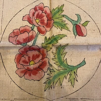 BLUENOSE HOOKED RUG PATTERN #975 FLORAL CHAIR STOOL COVER BURLAP 18x18 USA 40’s - Image 1 of 4