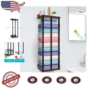 Heavy-Duty Metal Towel Holder with Wooden Shelf - Space-Saving Bathroom Solution - Picture 1 of 9