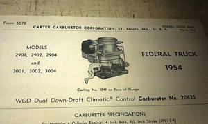 1954 FEDERAL TRUCK - CARTER CARBURETER Specs Leaflet - Picture 1 of 3