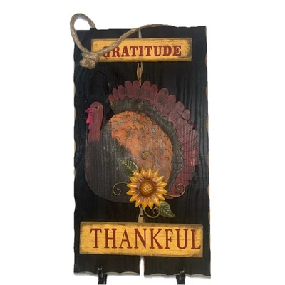 PRIMITIVE  WOODEN THANKSGIVING TURKEY STYLE SIGN GRATITUDE THANKFUL FALL - Image 1 of 4