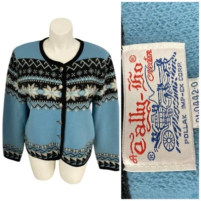 VTG Tally Ho Sweater Womens XL Cardigan Wool Blue Knit Fair Isle Snowflake 90s - Image 1 of 4