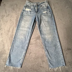 American Eagle Mom Straight Jeans 4 Short Stretch Distressed Raw Hem (3D) - Picture 1 of 16
