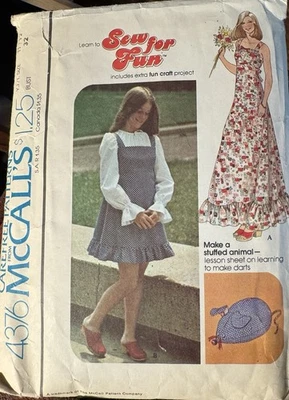 Vintage McCall's 4376 Maxi Dress Jumper Stuffed Mouse Pattern Size 11-12 Cut 70s - Image 1 of 2