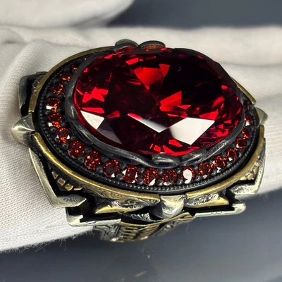 Sterling Silver Ruby Men's Ring: Handcrafted Ornate Christian Jewelry - Image 1 of 4