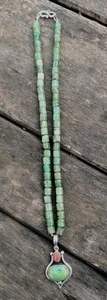 Sterling Silver Turquoise & Coral Pendant On Watermelon Tormaline Bead Necklace. - Picture 1 of 8