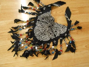 Vtg Antique 1980s BLACK WILD RAG w BEADS Cotton USA BIKER BANDANA Hanky 20" - Picture 1 of 3