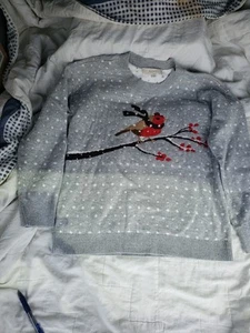 Loft Long Sleeve Snowflake Bird SweatShirt Size XS Gray Winter White Holiday - Picture 1 of 4