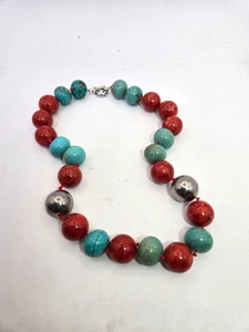 Vintage Coral,  Sterling Silver  & Turquoise Beaded Necklace - Picture 1 of 4