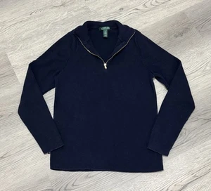 Suéter tejido vintage Lauren Ralph Lauren cuarto cremallera azul marino y dorado para mujer XL - Imagen 1 de 7