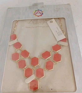 Gold Tone Shades of Peach Enamel Peach Circle Link Chain Bib Necklace - Picture 1 of 2