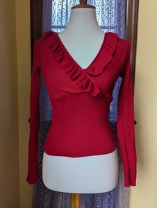 Vintage 90's Y2K XOXO Red Ruffled Ribbed Knit Sweater Top Size Small Made In USA - Picture 1 of 13