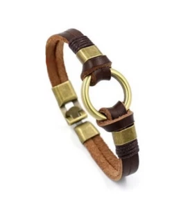 Bracelet Men Genuine Cowhide Leather Circle Charm Punk Rock Bangle Jewelry Gift - Picture 1 of 2