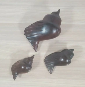 Set of 3 Conch Sea Shell Carving Dark Wooden Statues Wood Carved Standing MCM - Picture 1 of 8