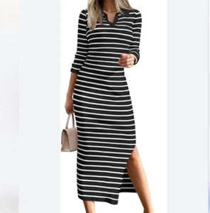 Women's V-Neck Bodycon Sweater Long Sleeve Knit Maxi Dress XL Black and White  - Picture 1 of 2