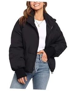 Womens Cropped Puffer Jacket Oversized Short Puffy Winter Coat X-Small Black - Picture 1 of 7