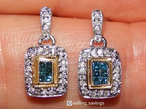 14K WHITE & YELLOW GOLD BLUE & WHITE DIAMOND 7/10th INCH DROP DANGLE EARRINGS - Picture 1 of 7