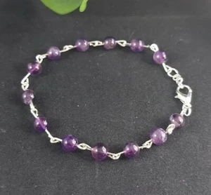 New SILVER PLATED Wrapped Bangle BRACELET Natural Amethyst gems beads handmade - Picture 1 of 4