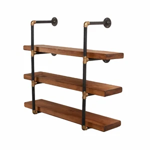 Solid Wood Book Shelf Shelving Unit Industrial Metal Black & Brass Style - Picture 1 of 13