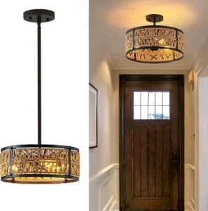 3-Lights Rattan Boho Chandelier for Dining Room Drum Wicker Pendant Light Fix... - Picture 1 of 9