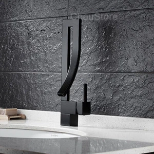 Grifo mezclador de lavabo cuadrado negro mate curvado único para cubierta - Imagen 1 de 7