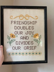 Vintage Friendship Cross-Stitch Wall Art In Black Frame With Sunflower Design - Picture 1 of 6