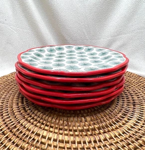 Set of 6 Pioneer Woman Happiness 8.5" Salad Plates Red Scalloped Rim Teal Retro - Picture 1 of 7
