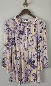 J Jill Blouse Top Tunic Pink Floral Bell 3/4 Sleeve Sz Large Fairy Flow Comfort - Picture 1 of 13
