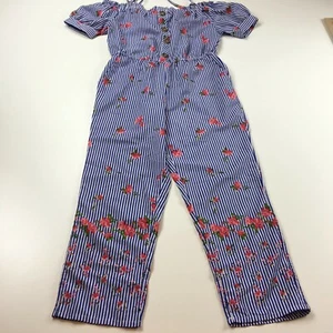 Blush Pull On Jumpsuit One Piece Girls White Blue Floral Striped Puff Sleeve M - Picture 1 of 6