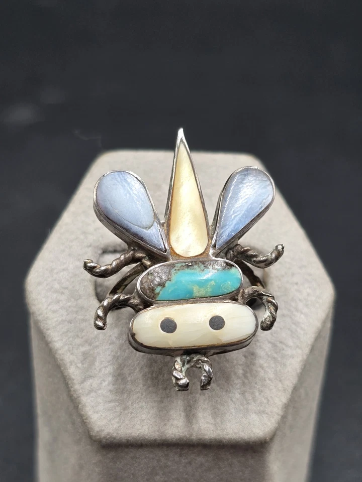 Vintage Zuni Sterling Silver Bug Ring Size 7 Turquoise, Mother of Pearl & Shell - Image 1 of 4