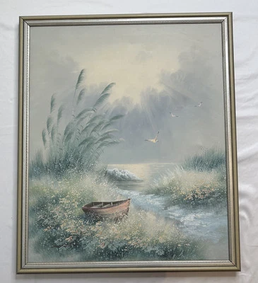 "Lienzo vintage de 22"" x 26"" pintura al óleo firmado por artista barco del lago gaviota cola de gato" Foto 1 de 4
