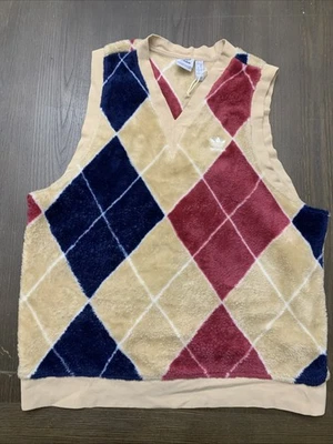 Adidas Vest Womens Medium Beige Pink Fluffy Argyle V-Neck Fleece - Image 1 of 4
