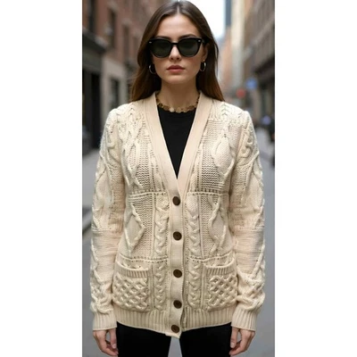 Vtg Chunky Irish Aran Crafts Handknit Women's M Cream Wool Cardigan Cable Knit  - Image 1 of 4