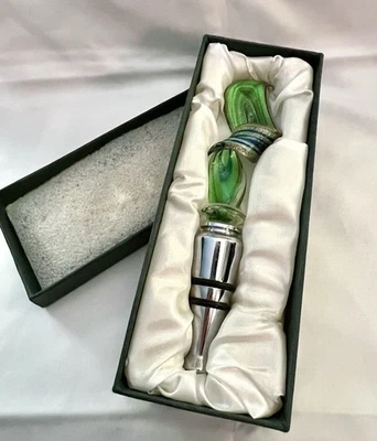 Винная бутылка пробка муранский итальянский художественный бокал новый в коробке зеленый твист с красным золотом - Изображение 1 из 4