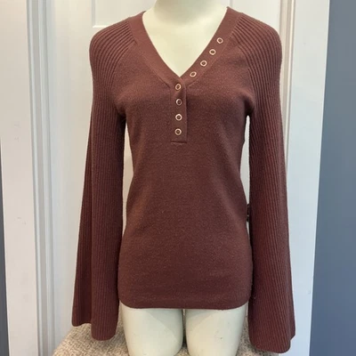 Moth Anthropologie Henley Outpost Ribbed Sweater Top Bell Sleeves Size Medium - Image 1 of 4