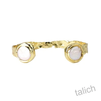 18K Gold Plated Brass White Pearls Hammered Slim Open Cuff Bracelet Organic Boho - Image 1 of 4