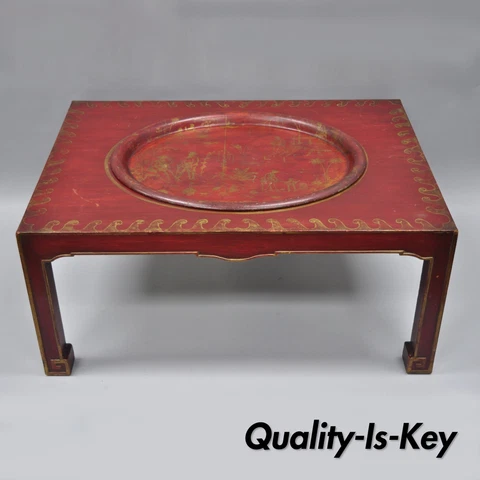 Vtg Red Chinoiserie Oriental Coffee Table with Removable Tole Metal Serving Tray Cover