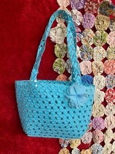 Light Teal Small Woven Purse with Flower Little Girl Easter or Spring Purse - Picture 1 of 3