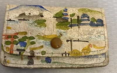Vintage Tooled Leather Coin Purse Snap Multicolor Scenic Hand Painted Made Japan - Image 1 of 4