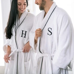 Cotton Adult Unisex White Embroidered Soft Highly Absorbent Fluffy Bathrobe - Picture 1 of 44
